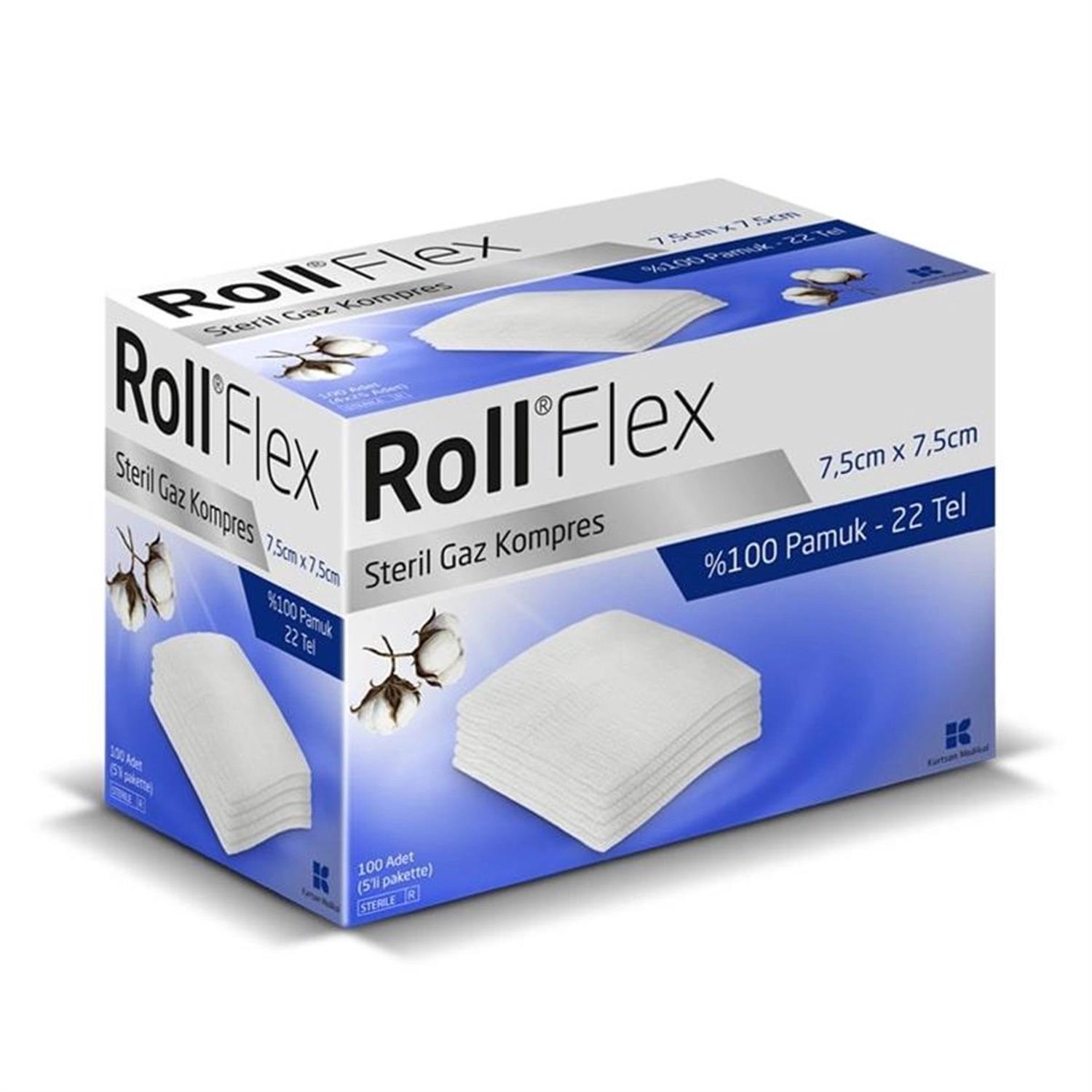 RollFlex Steril Gaz Kompres 7.5cm x 7.5cm 100 Pamuklu 100 Adet